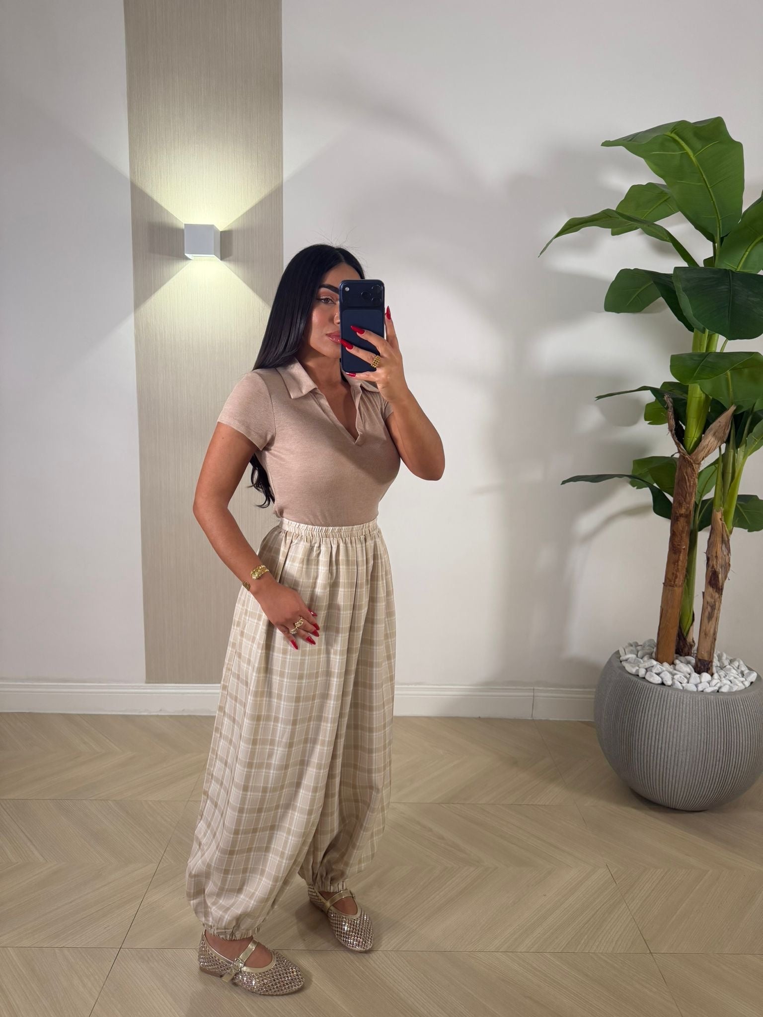 Pantalone a Quadri Camel